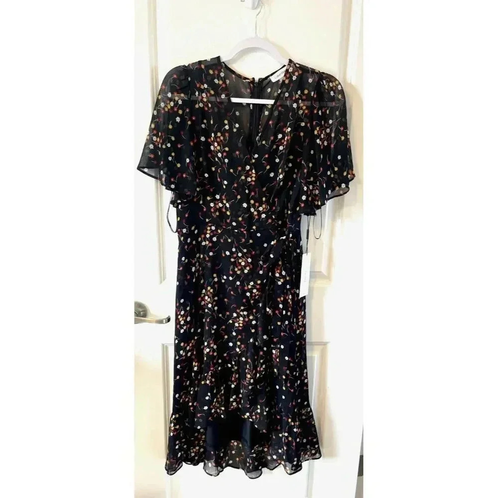 NWT Calvin Klein Womens Black Chiffon Floral Midi Wrap Dress Size 8 Lined ruffle